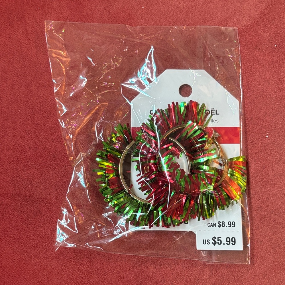 Festive Red and Green Tinsel Hoop Earrings